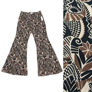 NEW by Anthropologie Drapey Flare Pants Viscose Brown Motif Jungle Print Size 4